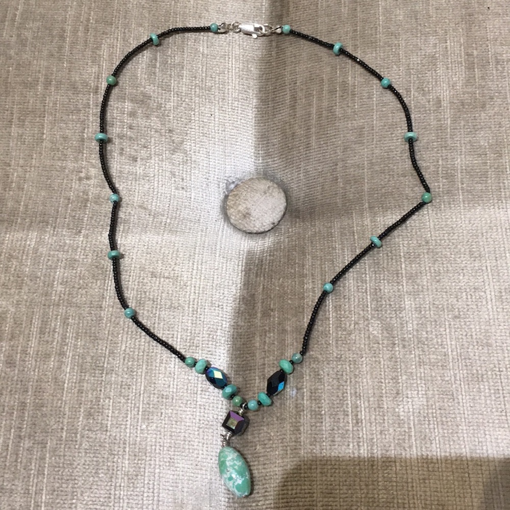 Black micro seed bead, hematite and aqua quartz